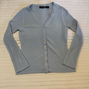 George Starlight Blue Ribbed Knit V-Neck Button Front Cardigan Sweater Womens S